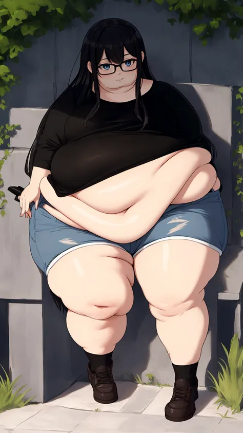 Fat, bbw, big belly, fat belly, nerdy girl, small shorts, Black shirt, long hair, 