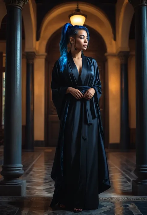 Full body photo, a beautiful mixed-race woman with blue ponytail hair,elegant black robe, warm lighting, detailed architecture, cinematic composition, atmospheric, moody, vibrant colors, (best quality,4k,8k,highres,masterpiece:1.2),ultra-detailed,(realisti...