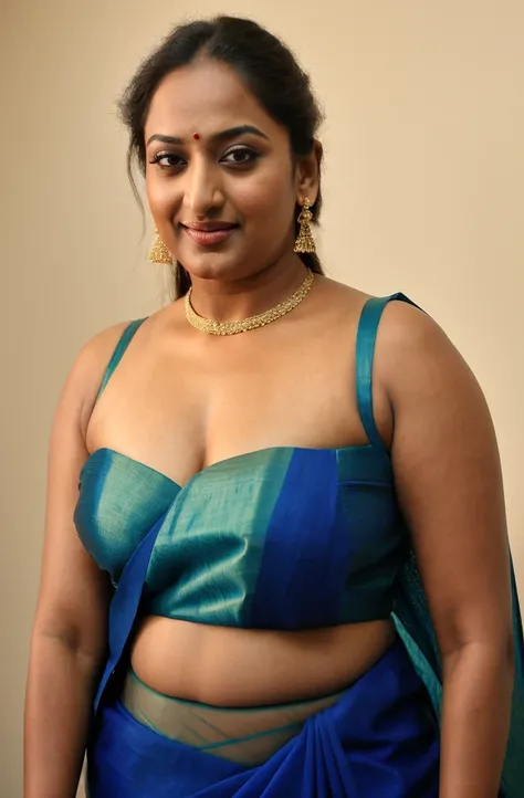 Foto RAW, photorealistic, photography, full body shot, 50 years old Woman, master shot, perfect eyes, goddess like beauty, pierced eyes, perfect thick chubby mallu Desi aunty bhabhi, Wearing a Stanapatta, a chest-band.Saree model, model Photography, Indian...