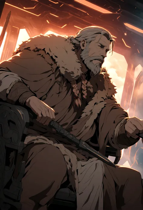 a mature viking man with Scarlett braided hair and beard,sitting in a futuristic spaceship, his chair draped in a bears pelt, sharpening a high-tech axe,detailed face and expression,intricate details,cinematic lighting,dramatic atmosphere,epic scale,warmco...