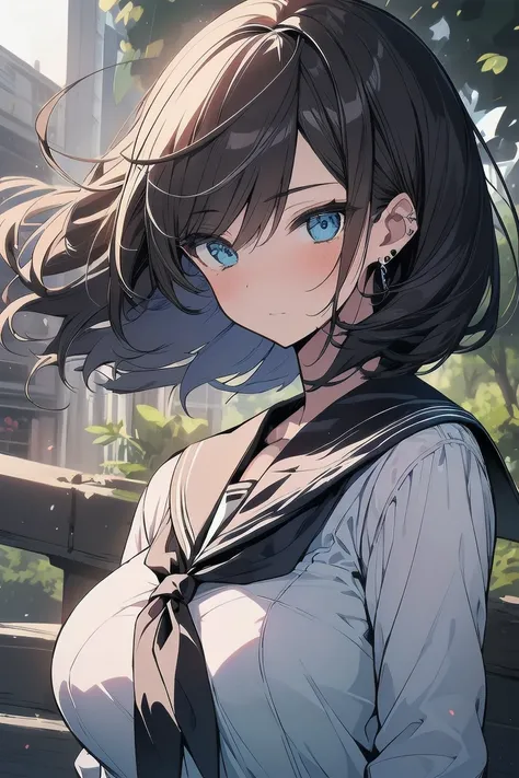 (best quality), (Super detailed), (Best Illustration), (masterpiece), (woman), {(white serafuku:1.2)}, (large breasts:1.2), {brown hair, (sideburns), (bob cut:1.3), curly hair, hairs between eyes, colored inner hair}, {(detailed eyes), blue eyes}, blush, e...