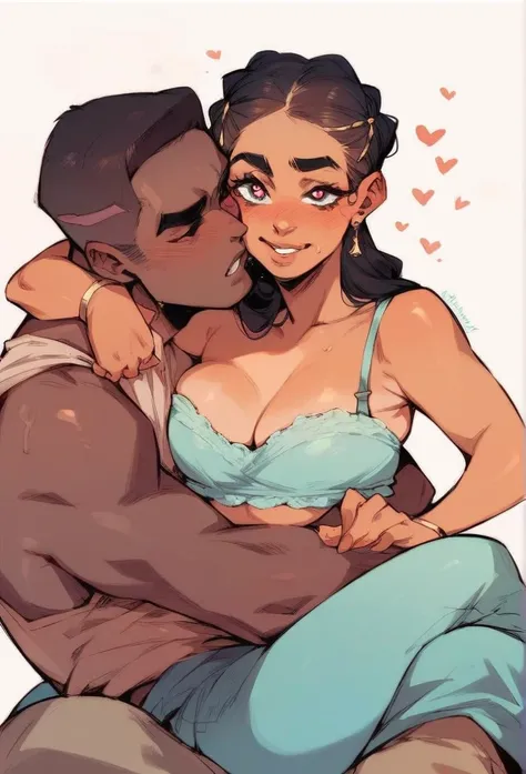 Latina squishy belly wife, dark skinned husband. Heart eyes. Sitting on his lap. French braids