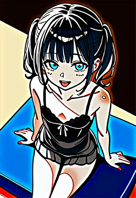 Beautiful girl at 13 years old,Japanese,,,Small and slim,Flat Chest,Small breasts,Baby Face,Small face,Black Hair,Twin tails,Grey Eyes,middle School girls,negligee,lingerie,open mouth,tongue out,Kneeling and sitting,Beautiful and detailed anime art,A misch...