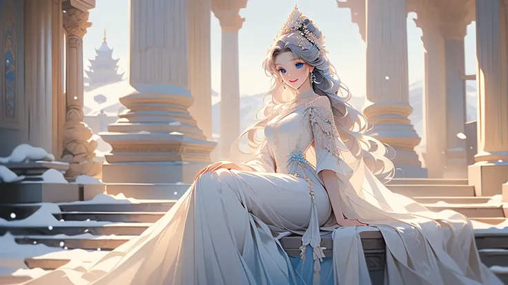 ((best quality，masterpiece，Extremely complex and exquisite details，There is only one beautiful woman with long white straight hair and blue eyes，Smile，long skirt))，(Exquisite light blue and white clothing，Beautiful bright and exquisite ancient style white ...