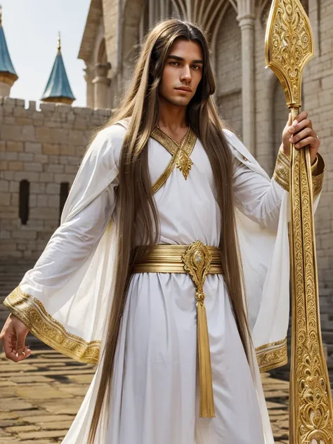 A slightly dusky young man wearing white clothes stands in a kingdom. He is adorned with pure gold jewelry and has long hair. His body is strong, and he holds a golden bow in his hand.