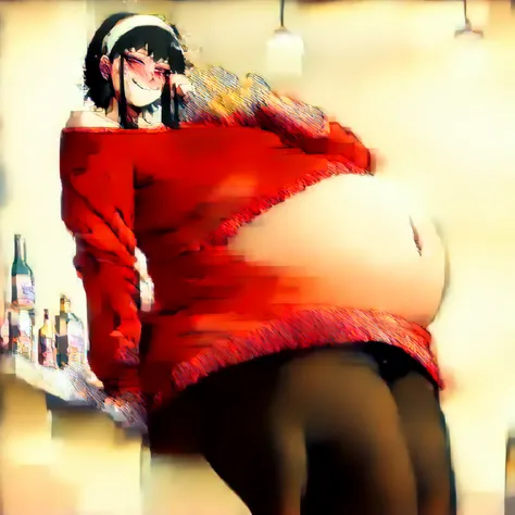 looking at viewer, solo, YorForger,1girl,((huge belly)),((no panties)),((very drunk)),((staggers)),black hair,red eyes,short hair with long locks, white hairband, off shoulder,red sweater, black pantyhose,((slumped)), ((on a sofa)), ((drank too much)), ((e...