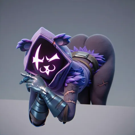 Raven team leader,purple hoodie, with no face, shadowed face, animal ears,purple skin, scar on eye, body skin, purple fur, waist belt, torso symbol, metal gloves, pointing your ass at the viewer, leaning forward, pushing, she closes her eyes, hands resting...