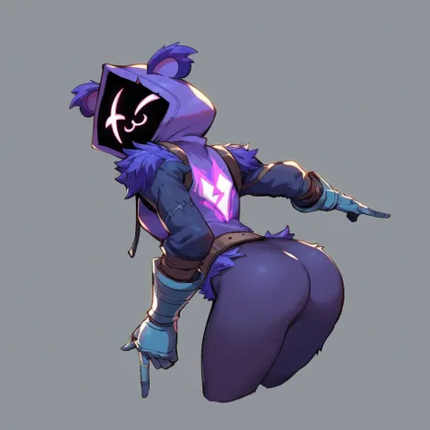 Raven team leader,purple hoodie, with no face, shadowed face, animal ears,purple skin, scar on eye, body skin, purple fur, waist belt, torso symbol, metal gloves, pointing your ass at the viewer, leaning forward, pushing, she closes her eyes, hands resting...