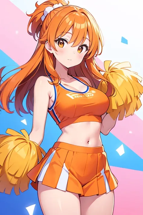 A beautiful woman with straight orange hair who is dressed in an orange cheerleader outfit with blue trim, and have some orange pompoms
