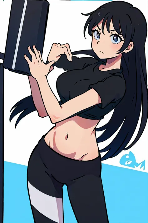 (best-quality:0.8),
(best-quality:0.8), perfect anime illustration, solo girl standing, teen, black yoga pants, gym top, hands crossed on her back 