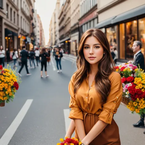 ((best quality)),((Work of art)),((realistic)),portrait of a woman,[captivating brown eyes],brown hair[vibrant outfit], selling flowers in the middle of the street:1.3),[ busy street scenery,(capturing beauty and art:1.2),(8k resolution:1.2),
