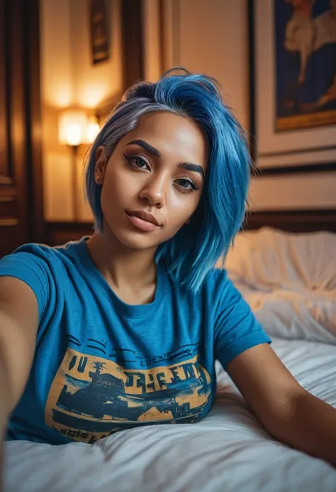 Casual selfie photo, a beautiful mixed-race woman with blue hair straight ,t-shirt and short, lay on a bed, warm lighting, detailed architecture, cinematic composition, atmospheric, moody, vibrant colors, (best quality,4k,8k,highres,masterpiece:1.2),ultra-...