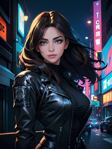 (Best quality, A high resolution,ultra detailed,realistic:1.2),portrait, woman, beautiful figure, White skin, Biker style, in the city, night time, beautiful detailed eyes, beautiful detailed lips, face confident, A slight smile, cool leather jacket with d...