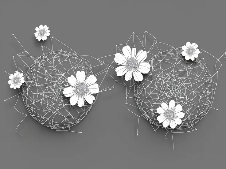 technology web page, include a cherry flower , and make it 3d style, in black and white 