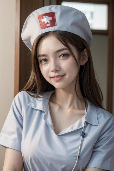 ((masterpiece)), (((best quality))), smile, ((wearing an nurse uniforms and nurse cap)), shirt harf lift