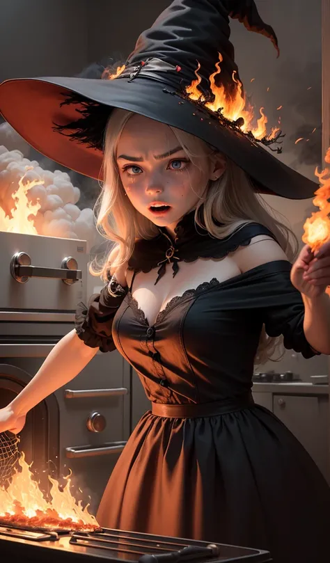 (anime, digital paint, young girl pushing the hideous witch into the oven, intense and dramatic scene, flames and smoke billowing out, the witch’s shocked face, close-up on the girl’s determined expression, moment of triumph and tension)