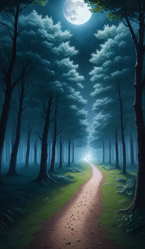 (anime, digital paint, children escaping the gingerbread house, running through the dark forest, scared but hopeful expressions, moonlight filtering through the trees, path illuminated by soft blue light, sense of urgency and relief)