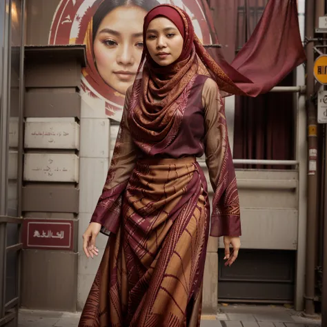 araffe wearing a plain dress and a red scarf posing at old street, sheer plain dress, malaysian, maroon flowing hijab, inspired by Nazmi Ziya Güran, sheer outfit, in lace brown batik long skirt, batik, inspired by Ni Yuanlu, brown batik, inspired by Naza, ...