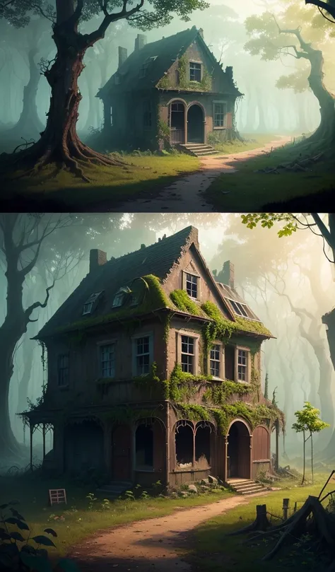 (anime, digital paint, remnants of the gingerbread house, smoldering ruins, eerie and dark atmosphere, forest reclaiming the area with vines and plants growing over the ruins, sense of nature taking over and ending the evil)