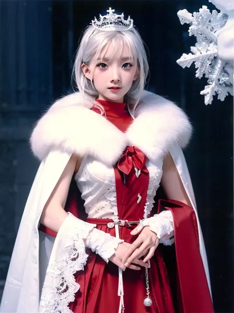 One Girl, Ice wand, White Cape, Ice crystals, winter, Frozen, Ice Castle, Transparency,  Ice tiara. Silver Hair, Queen
, Cowboy Shot