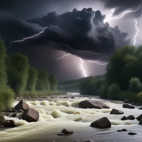 a dangerous stormy river, deathly, eerie lightning, dark clouds, raging whitewater, dramatic lighting, gloomy atmosphere, moody, apocalyptic, cinematic, epic, masterpiece, (best quality,4k,8k,highres,masterpiece:1.2),ultra-detailed,(realistic,photorealisti...