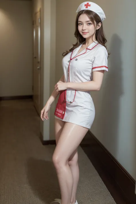 ((masterpiece)), (((best quality))), smile, ((wearing an nurse uniforms and nurse cap)), shirt harf lift, full body shot, beuty legs