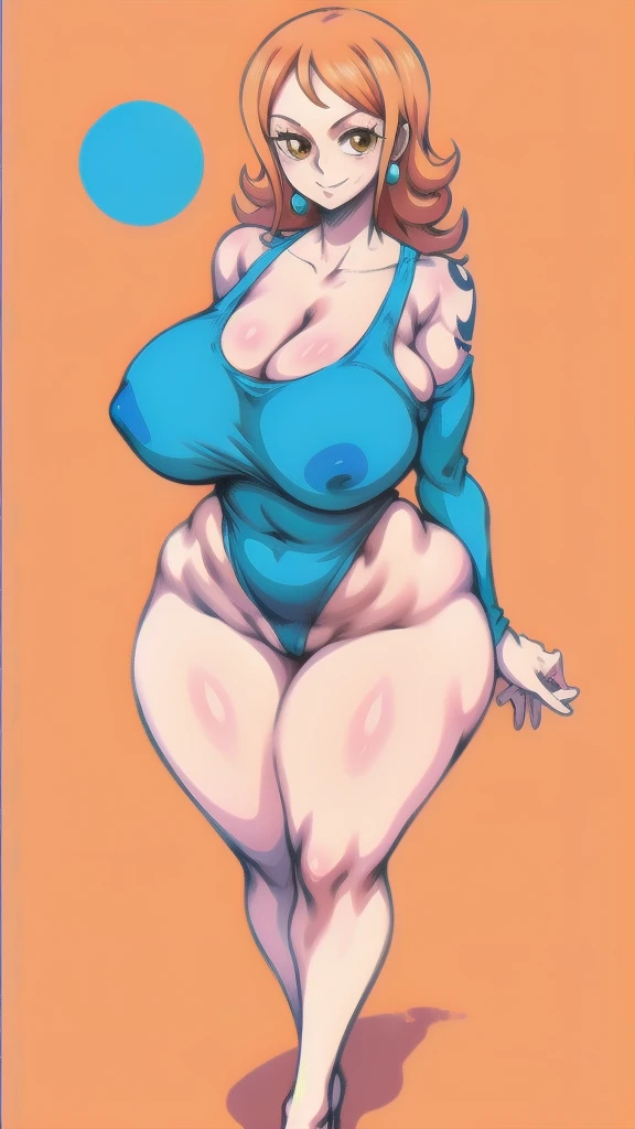 full body in image, full nami from one piece, nami clothes, full woman, full body, simple hair, female body, curvy body, thicc body, big thighs, voluptuous body, full thick body, dinamic pose, curve body. detalied pose, body, simple background, expressive ...