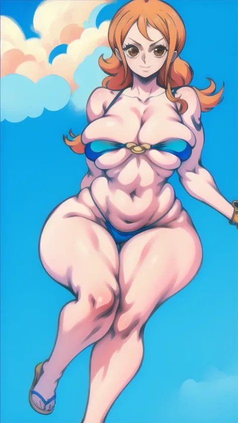 full body in image, full nami from one piece, nami clothes, full woman, full body, simple hair, female body, curvy body, thicc body, big thighs, voluptuous body, full thick body, dinamic pose, curve body. detalied pose, body, simple background, expressive ...