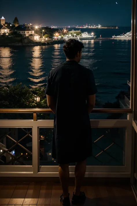 man in mansion looking at sea view at night