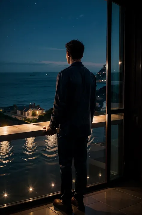 man in mansion looking at sea view at night