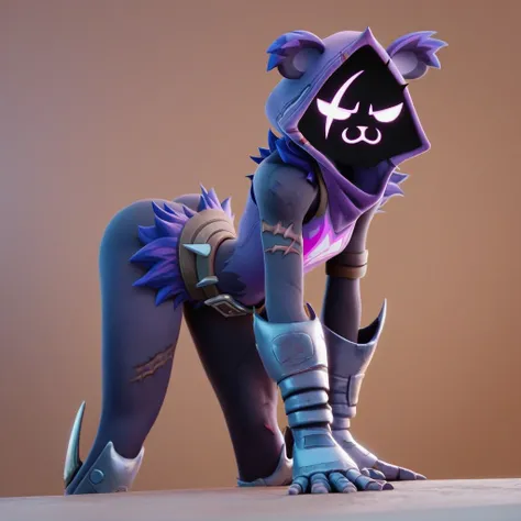 Raven team leader,purple hoodie, with no face, shadowed face, animal ears,purple skin, scar on eye, body skin, purple fur, waist belt, torso symbol, metal gloves, pointing your ass at the viewer, leaning forward, pushing, she closes her eyes, hands resting...