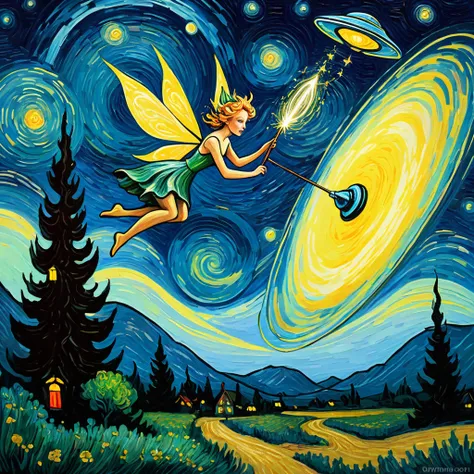 Painting in the style of Van Gogh, a (fairy:1.5) with a magic wand conjured an alien flying saucer UFO 