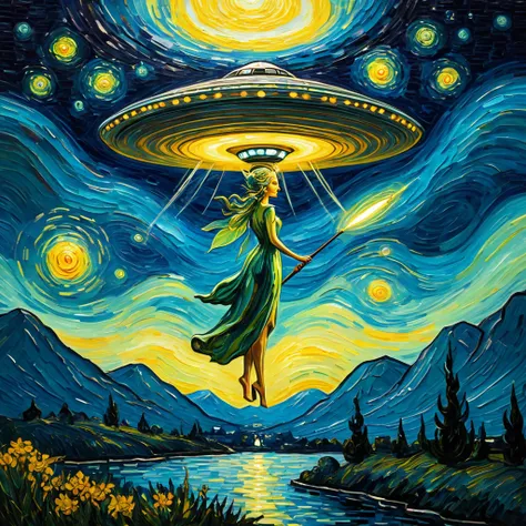 Painting in the style of Van Gogh, a (fairy:1.5) with a magic wand conjured an alien flying saucer UFO 