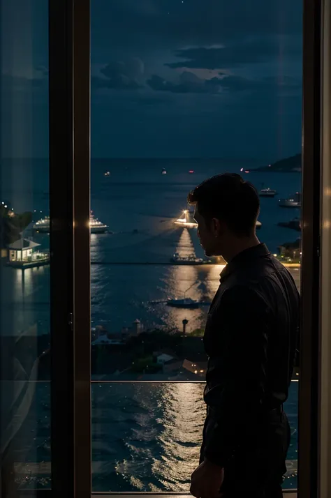 man in mansion looking at sea view at night