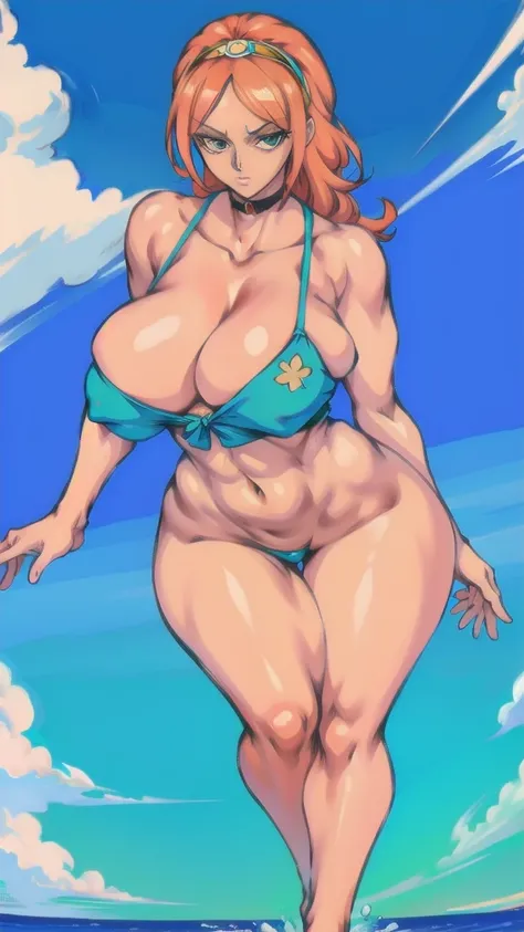 full body in image, full nami from one piece, nami clothes, full woman, full body, simple hair, female body, curvy body, thicc body, big thighs, voluptuous body, full thick body, dinamic pose, curve body. detalied pose, body, simple background, expressive ...