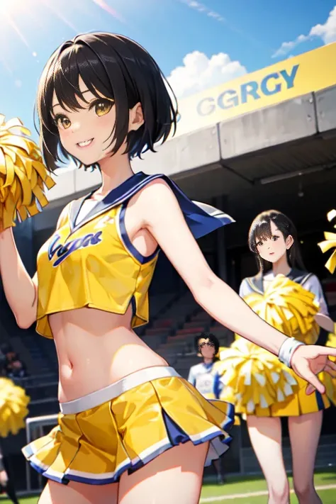 Black Hair、Iris、short hair、Girl、cute、high school student、Cheerleader、Yellow cheerleading outfit、smile、、Small breasts、