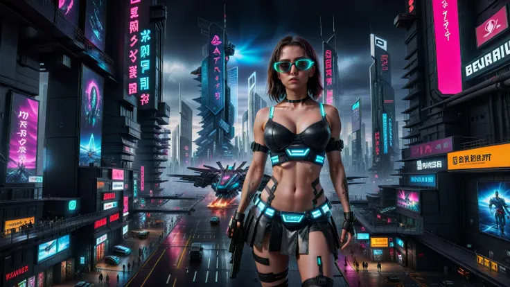 (((aerial view))) image of a cyberpunk cityscape, (((all-glass))) towering skyscrapers, a lot of neon lights and holographic bil...