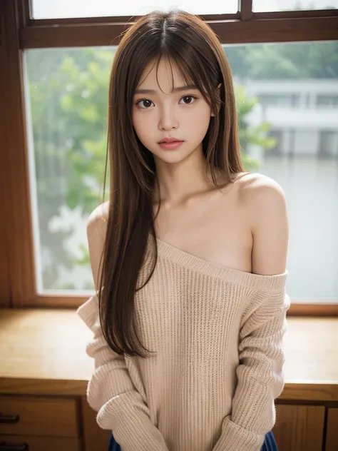 A filipina young girl, 14 years old baby face, long straight messy hair, random pose、top-quality、A high resolution、(Photorealsitic:1.5)、1 girl、Red sweater、(Brown hair:1.2)、(flat chested:1.2)、‎Classroom、looking at viewert、a closeup、full body Esbian、Nasty ey...