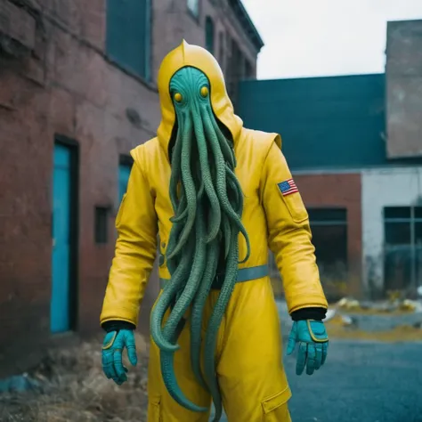 horror-themed,  in an ancient and mysterious city a person wearing a yellow helmet with yellow spikes on it carcosa city style, ...