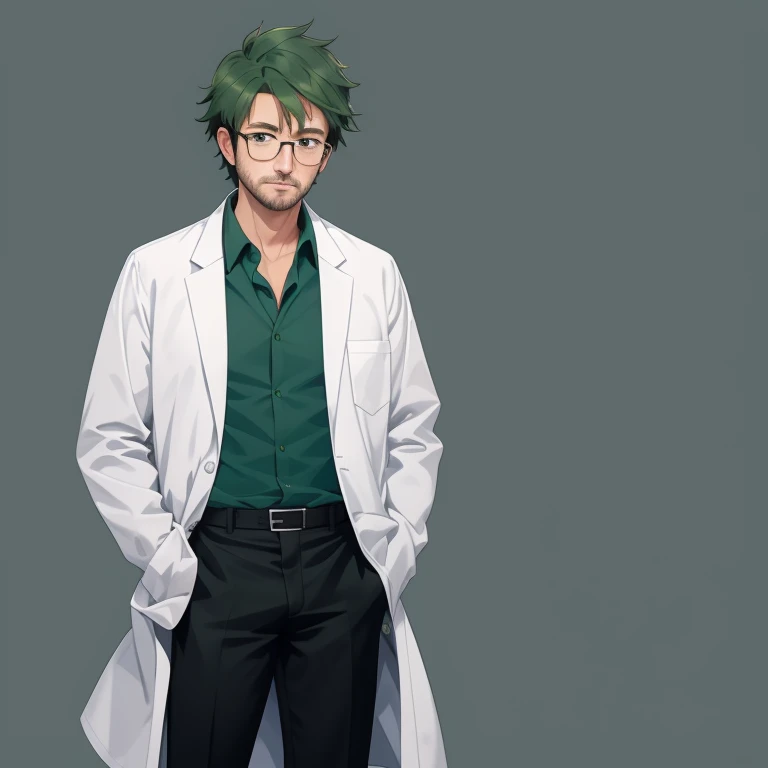 1 old man, 30 years old, white lab coat, dark green hair, blue collared shirt, black pants, glassese, full body, standing, lower...