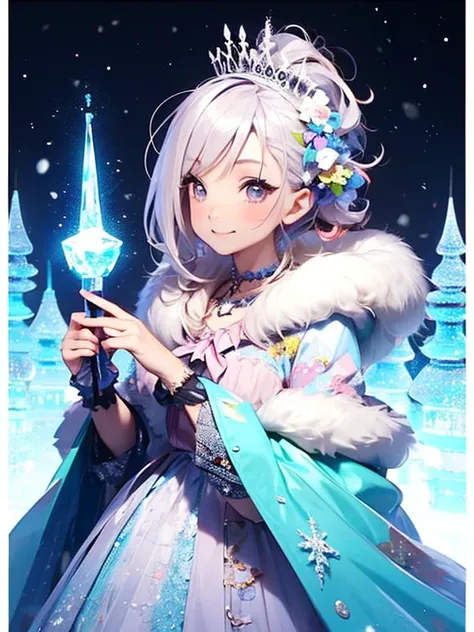 One Girl, Ice wand, White Cape, Ice crystals, winter, Frozen, Ice Castle, Transparency,  Ice tiara. Silver Hair, Queen
, Cowboy Shot