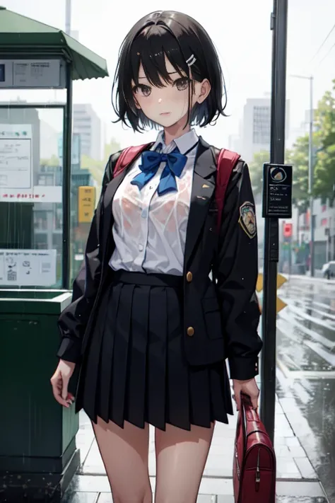 Black Hair、Dark Eyes、short hair、Girl、cute、high school student、uniform、Embarrassed look、、Small breasts、Bus stop in the background、The weather is pouring rain、soaked、uniformが透けて下着が薄く見えてる