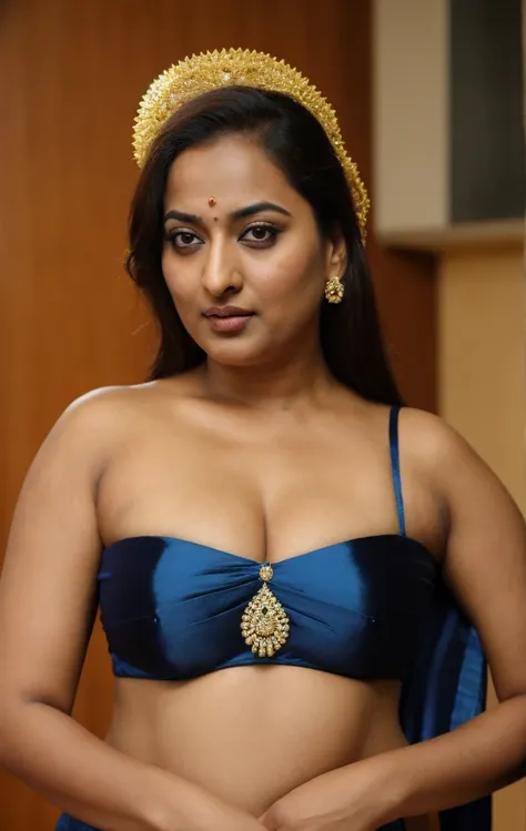 Foto RAW, photorealistic, photography, full body shot, 50 years old Woman, master shot, perfect eyes, goddess like beauty, pierced eyes, perfect thick chubby mallu Desi aunty bhabhi, Wearing a Stanapatta, a chest-band.Saree model, model Photography, Indian...