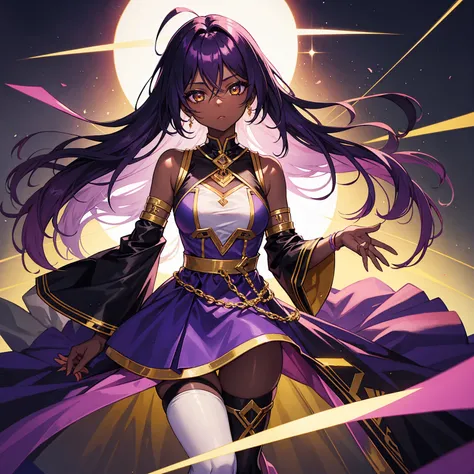 1 girl,dark skin,golden eyes,long purple hair,wearing a k pop idol outfit ,LED concert background