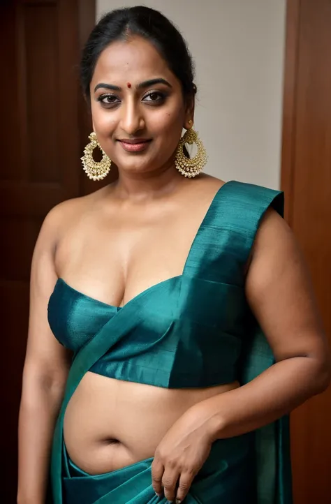 Foto RAW, photorealistic, photography, full body shot, 50 years old Woman, master shot, perfect eyes, goddess like beauty, pierced eyes, perfect thick chubby mallu Desi aunty bhabhi, Wearing a Stanapatta, a chest-band.Saree model, model Photography, Indian...