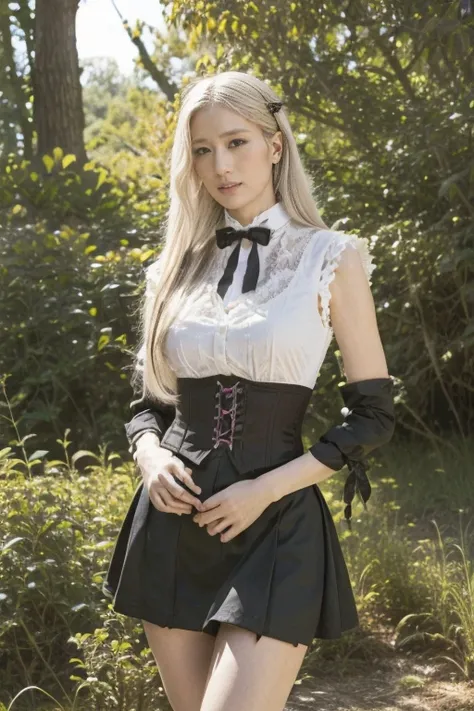 rebellious，Dramatic，Girls, Full body portrait，White hair, Long hair, Large Breasts, Cat hair ornaments, Side lock, White hair, Shiny hair, , (Delicate eyes: 1.2), (There are two long triangle extensions on the skirt, Abdominal vest), White buttons for vest...