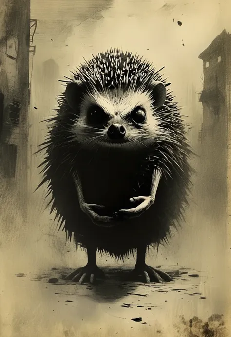 soviet cartoon hedgehog in the fog. horror. screamer, sepia, creepypasta, hopelessness, it’s all over. ashley wood style, dark s...