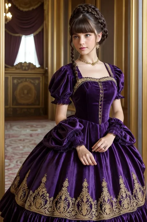 very beautiful girl, Russian,18 years, long dress, High quality fabrics, blue-violet ball gown, pleated, Flounced, puffs, velvet, embroidery, braid, artificial flowers, buttons, ruffles, apron-shaped folds, as well as various jewelry, a lot of fabric, Deco...