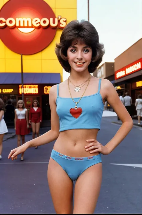 JoyceDewitt, 12 year okd girl, close-up photo of a wholesome american woman from the 1970s show "Threes Company" standing in a typical 1970s undies with cameltoe, hyperrealistic, city shopping, sunrise, beautiful blue sky wearing lots of jewelry