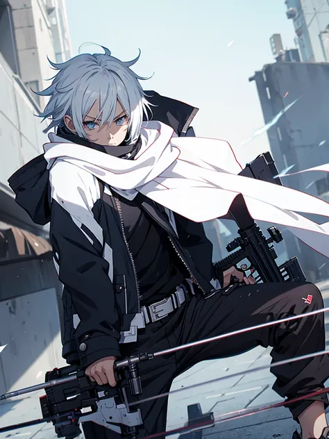 anime character with gun in hand and scarf, an anime drawing inspired by Okumura Togyu, trends on pixiv, neoism, trigger anime art style, Anime main art, white  hair, best 4k konachan anime wallpaper, an angry teenage killer, de white  hair, male anime cha...